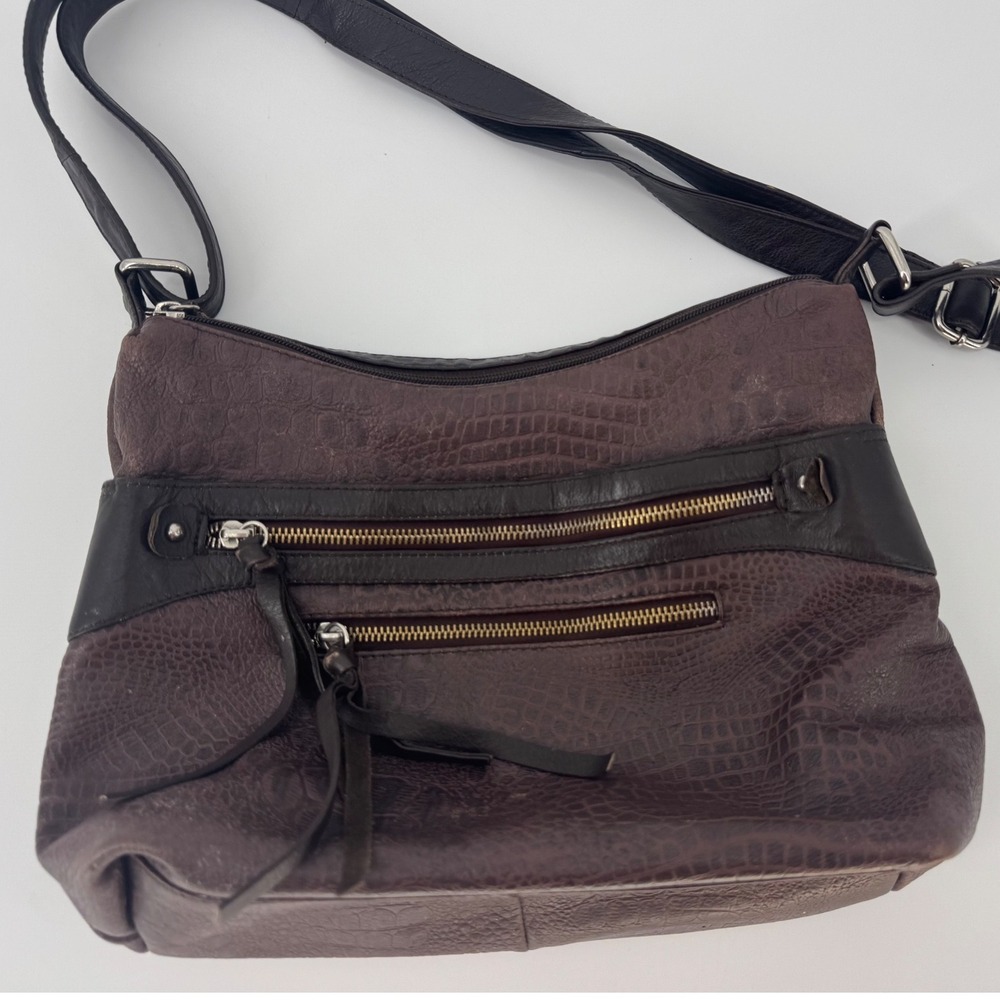Great American Leather Works Womens Crossbody Bag Brown Croc Embossed Leather
